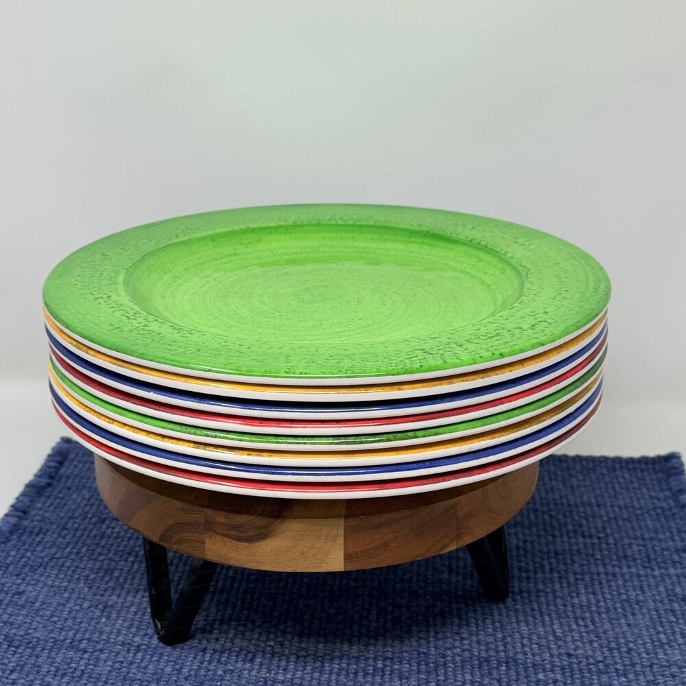 Set Of 8 Melamime Dinner plates primary colors red green yellow blue Vintage